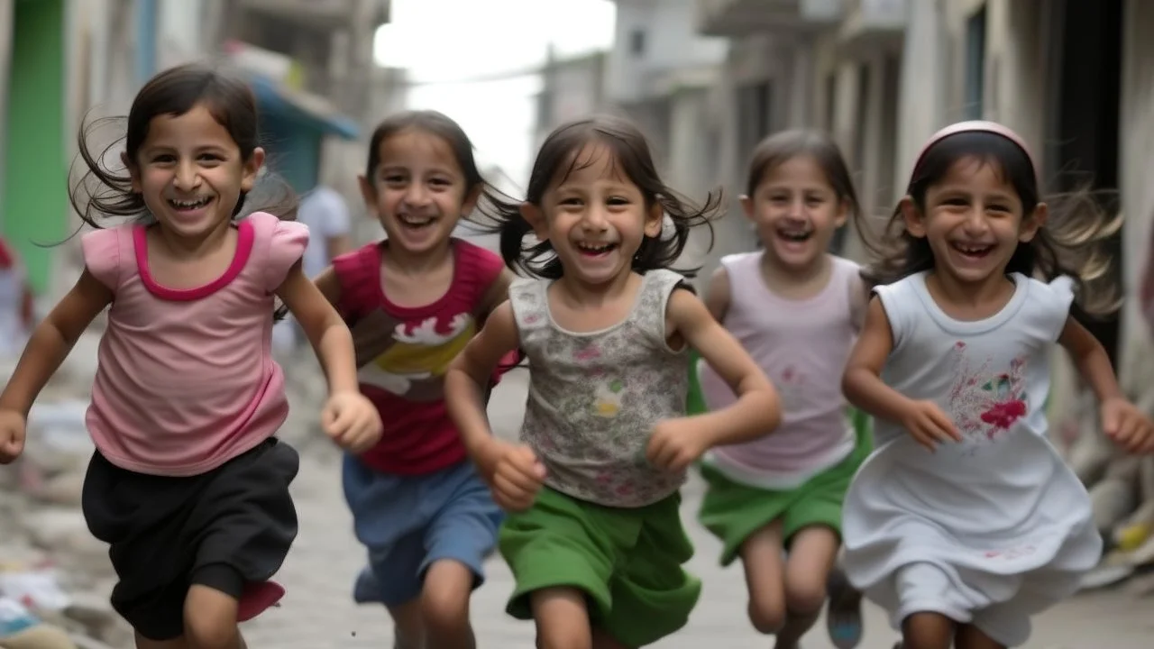 little girls have wings on there shoulders running happy in gaza