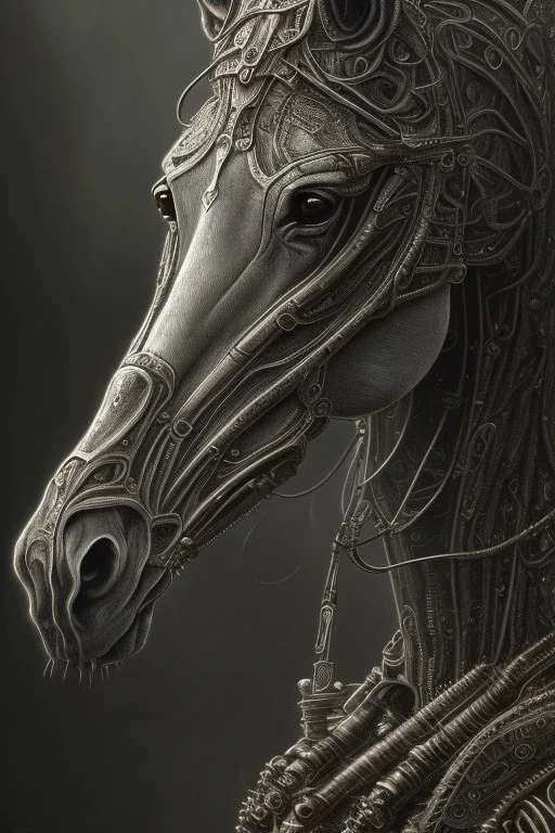 horse by h r Giger, Tim burton, dystopian surrealism, dark horror fantasy, hdr, artstation intricate details, demonic, dark art, dark noir, neoclassical gothic horror