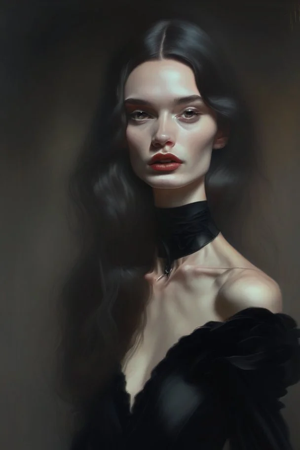 painting by marta bevacqua portrait of mistress arrogant beautiful woman in a black dress, nice body, nice lips,full body, straight hair 8k, high quality, highly detailed, whip in her hand