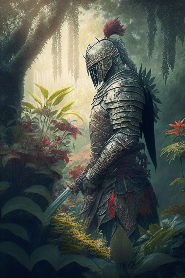 A warrior in a garden