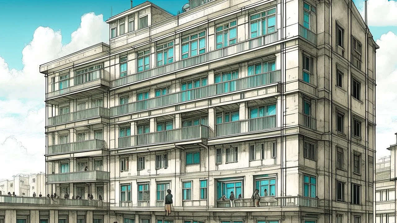 A digital artwork shows a building with several people around it, set against a light blue sky. The building is constructed with a rough, textured gray material, giving it a weathered appearance. The building has several windows and balconies, each occupied by figures. On the top balcony, a man stands looking out. Below, two women are seated on another balcony, and a person stands near the building's entrance. A woman is sitting in a convertible car parked to the right of the building. The artwo