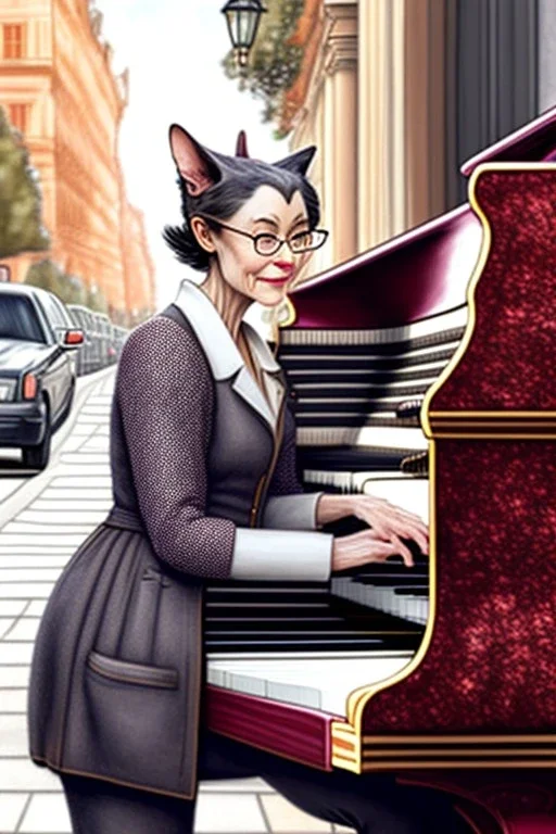 One single mature cat lady playing piano on the street, Vienna, friendly, model style, hyper realistic, extremely accurate, delicate, extremely detailed, Graphic novel style, wide-angle, open aperture, superfine pencil