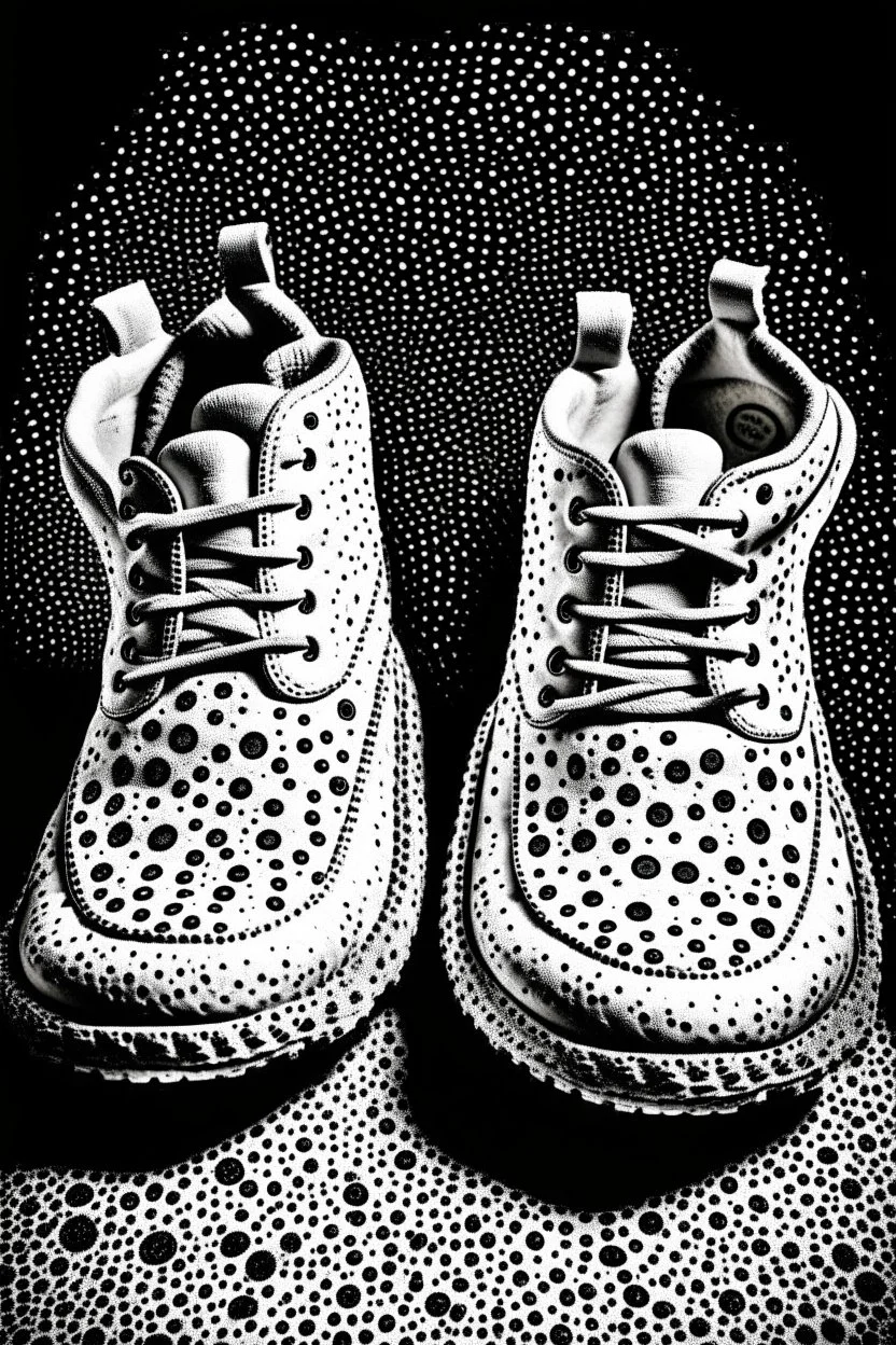 The footprints of two shoes. The tread pattern is white and made entirely from the shapes of ghosts in the style of Salvador Dali’s “the face of war”. Use no more than 4 colours.