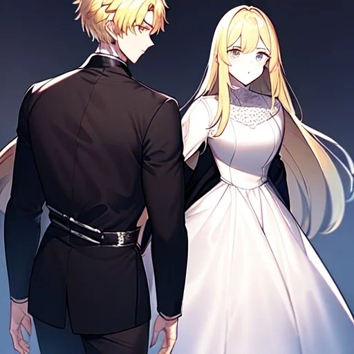 anime couple, female is wearing white dress, female is short, female has long hair, female has blonde hair, female is standing forward, male is tall, male is wearing black coat, male has short hair, male has drown hair, male is walking away. female is wearing a white dress