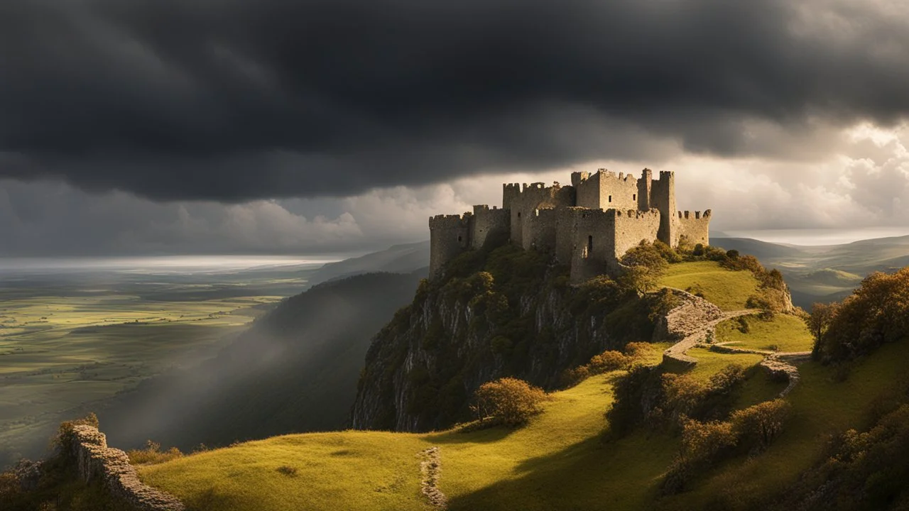 Photorealistic ruined castle in the distance overlooking a valley, on a cliff top, warm-toned stormy clouds