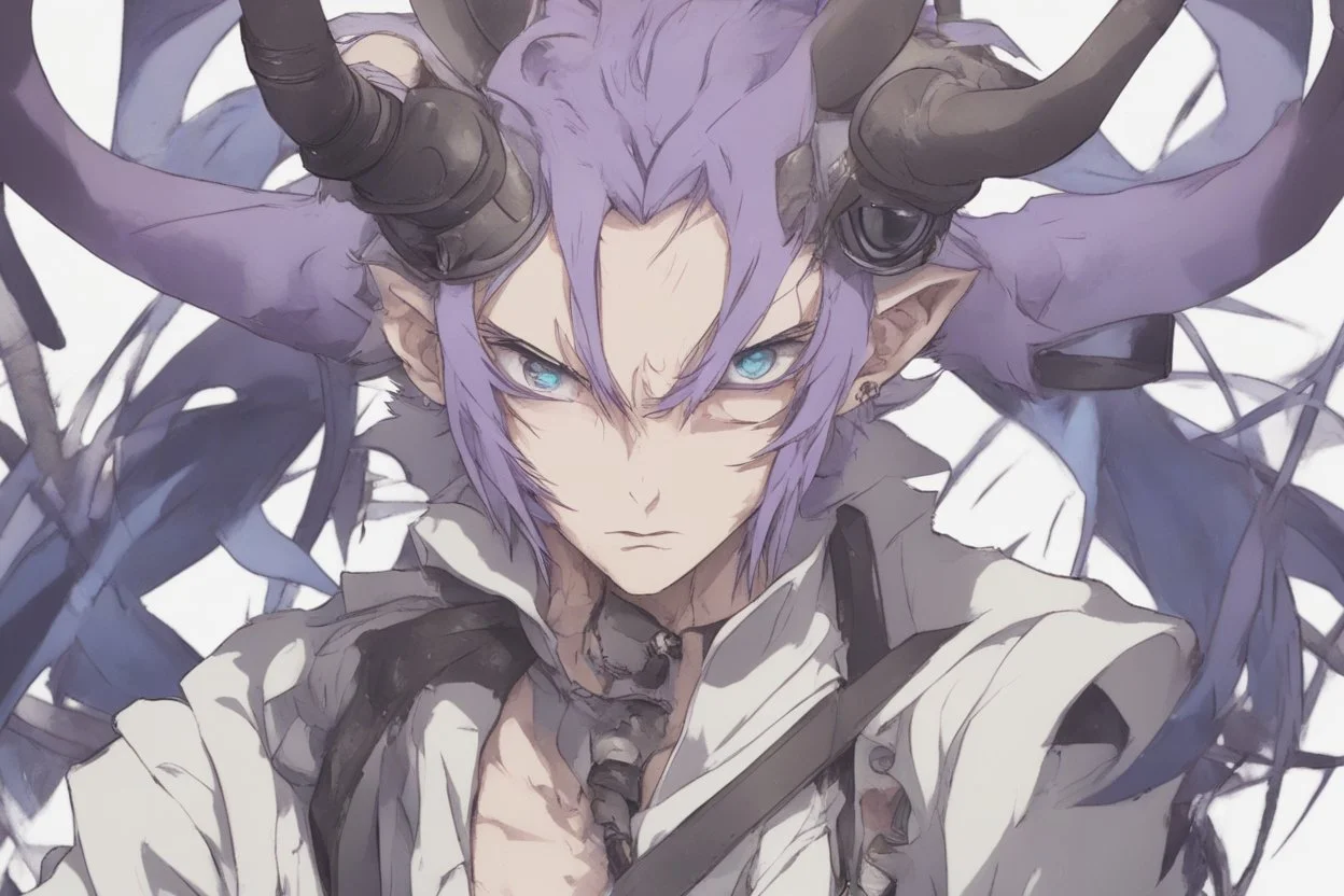 anime man with ram horns, fangs, messy purple hair and blue eyes