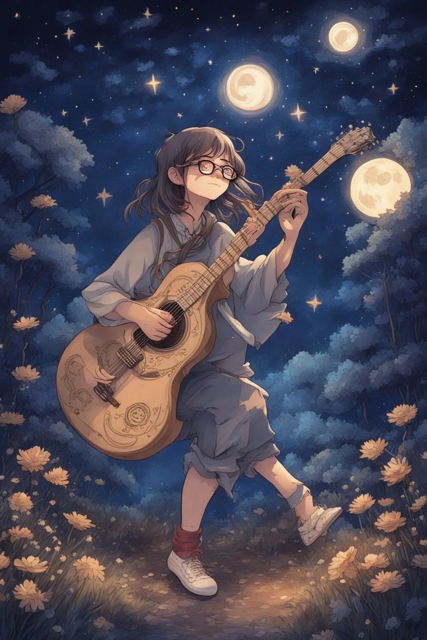 Under a starry night sky, the girl with glasses strums his guitar, his music echoing in the peaceful ambience of the Ghibli style anime night, intricately hand-drawn for a magical effect.