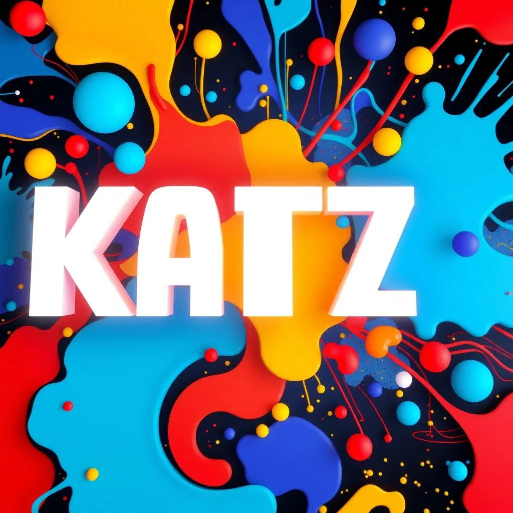 A stunning 4D rendered illustration featuring the name "KATZ" in a captivating and uniqu style. The bright, bold white letters are illuminated with vivid white. The Katz logo is the central focus. Surrounding the KATZ are abstract patterns and shapes in a myriad of colors, including all colors, especially blues, reds and yellows. Some of these patterns resemble fluid or paint splatters, while others have a more structured, almost psychedelic appearance. The overall feel of the image is dynamic,