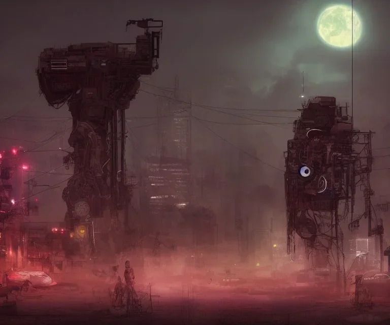 digital art, trending on artstation, a post apocalyptic world ruled by rusty machines under a full moon in a gigantic city full of neon lights and machines acting like humans, these being the vast majority of the population.