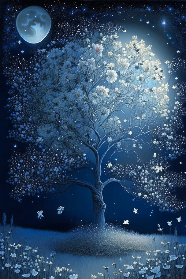 a background of softly blended blues, greys, silvers, and whites with distant, twinkling stars in the sky, an a moon casting a soft glow of light on a foreground of a field of various flowers surrounding a tree of life