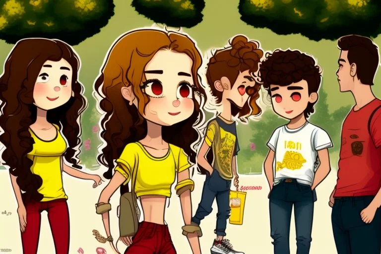 a cute chibi spanish man with short curly brown hair cropped at the back in yellow T-shirt and jeans with a cute chibi contented girl with long brown hair and brown eyes in a red elegant jumpsuit and red high heels, and a chibi girl with blonde brown hair in a beige dress dancing dynamically in Madrid in the Retino park, in the moonlight, ethereal, cinematic postprocessing, airplane in the sky