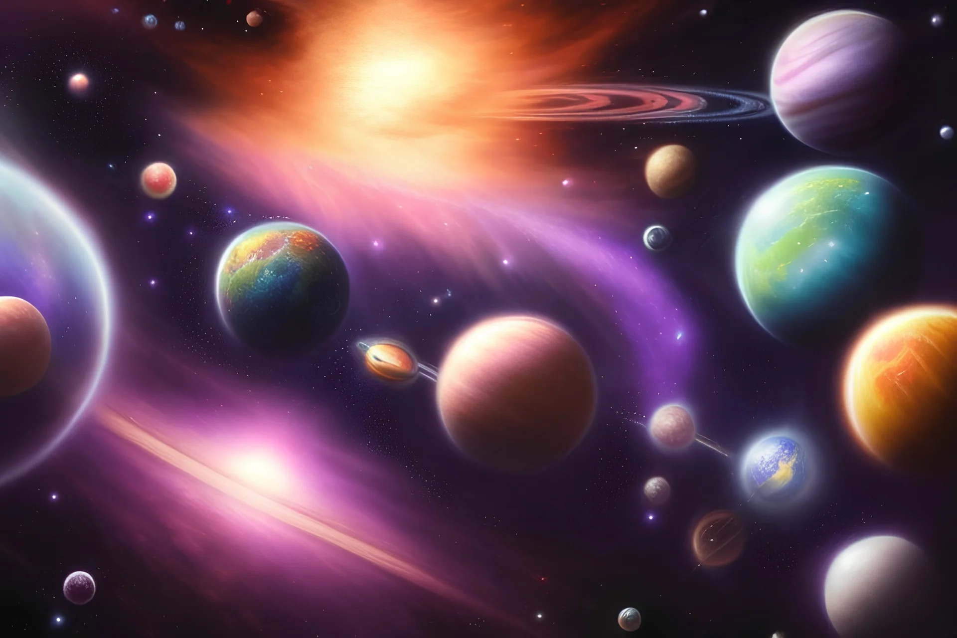 galaxy, nirvana, fantasy world,gas planets,with clouds,a couple of planets that are in the sky, abstract 3 d artwork, ufotable art style, dreamy and detailed,the planets are formed from clouds,the sky has stars, the planets are colored with red black purple violet,like a aurora borealis,no sun in picture