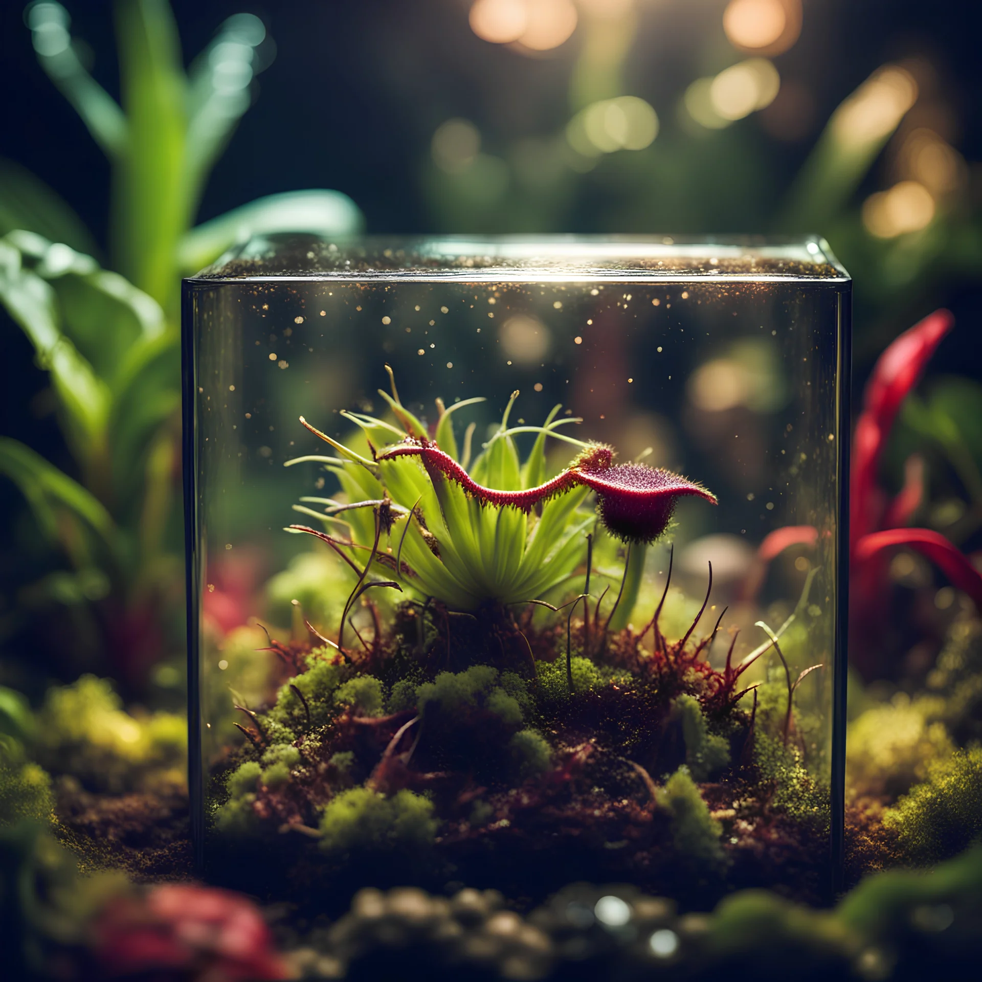 horrific venus fly trap with needle sharp teeth in a glass square terrarium with other vegetation, sharp focus, high contrast, dark tone, bright vibrant colors, cinematic masterpiece, shallow depth of field, bokeh, sparks, glitter, 16k resolution, photorealistic, intricate details, dramatic natural lighting