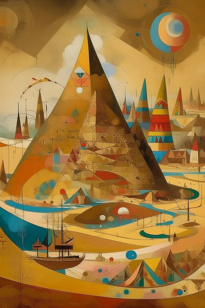 A brownish tan Egyptian kingdom with pyramids painted by Wassily Kandinsky