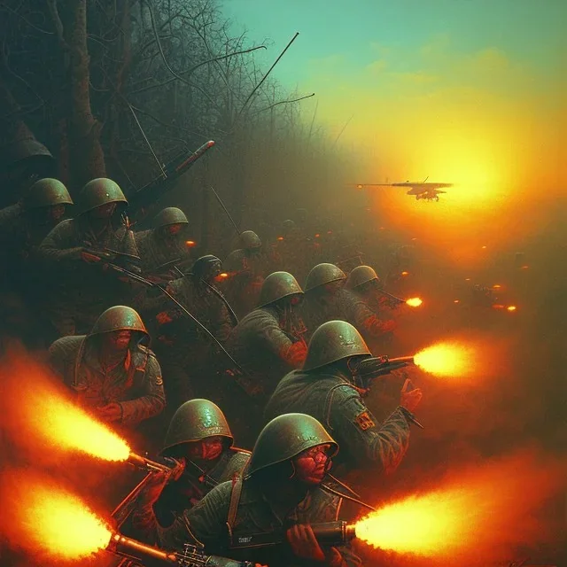 vietnam war. war. napalm. bokeh. lens flare. warm lights. high detailed. beksinski