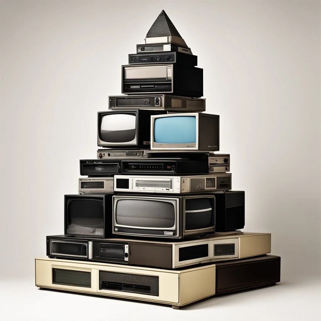 by Marcel Broodthaers, pyramidal stack of old televisions, realistic, smooth art,