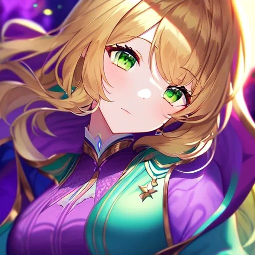 8k, Girl, high quality, detailed, golden hair, green eyes, beautiful lighting, vibrant colors, purple lightning, purple outfit