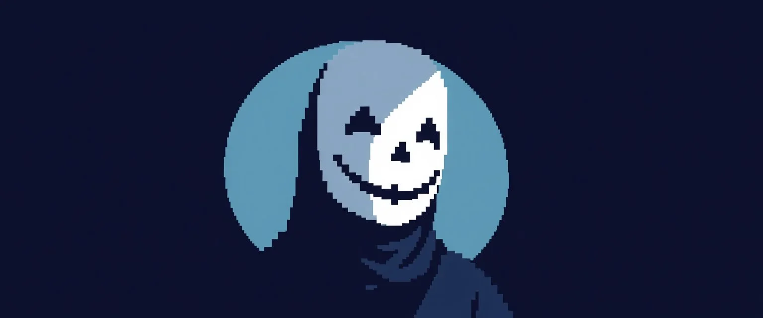 8 bit pixelart of a shadow figure with a white smooth wide smiling mask