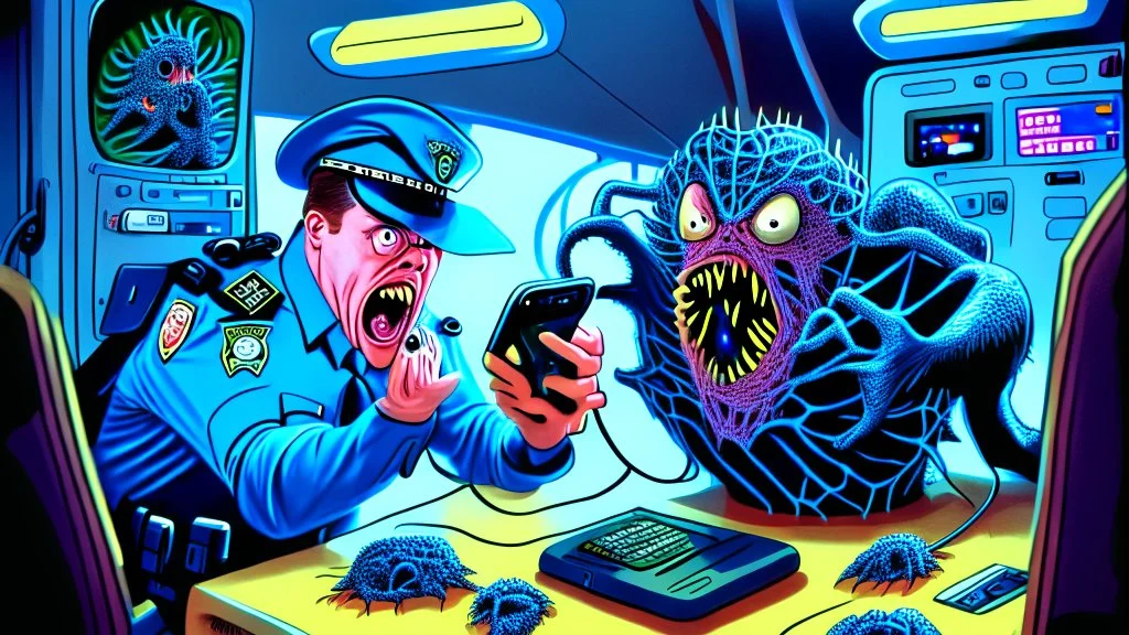 confused male cop dispatcher deals with evil virus hatching from the phone