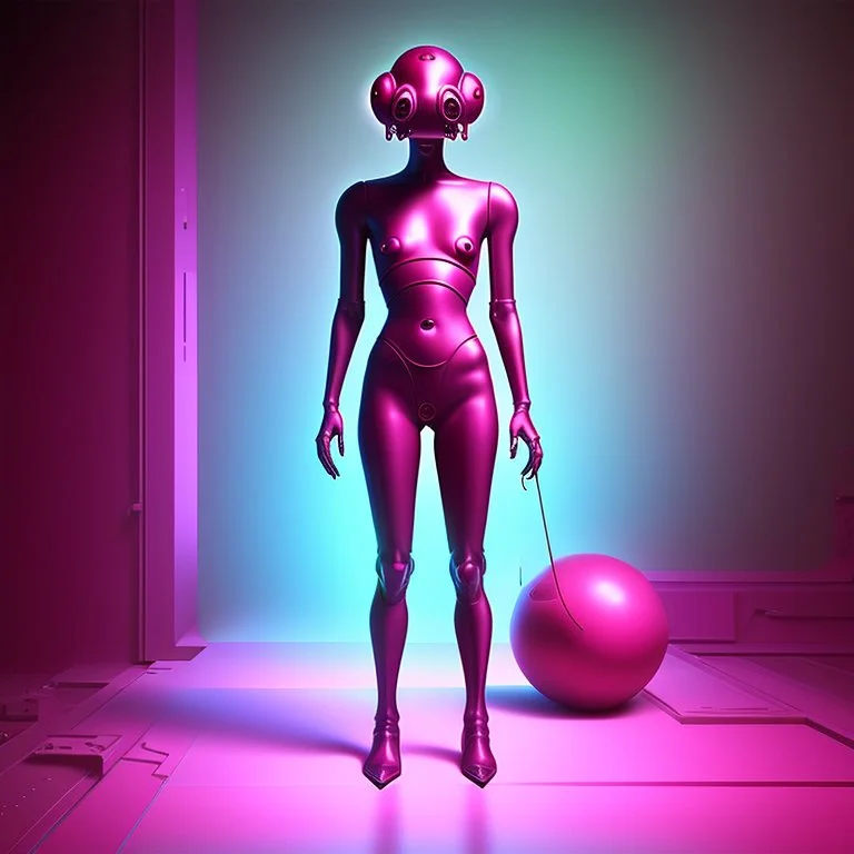 A hyper-realistic 3D Surreal digital painting, magenta droid mechanic, rich deep teal background, dreamlike imagery, fantastical elements, perfect body ,dymond , boots