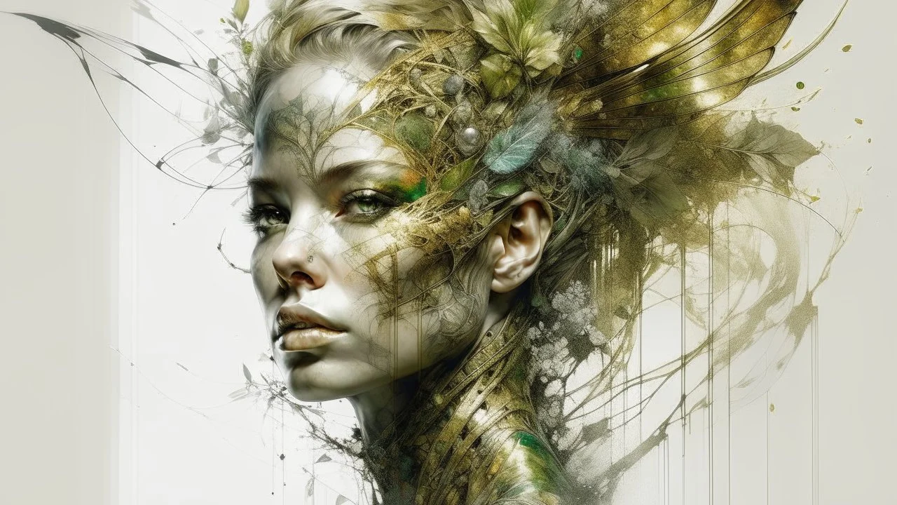 white background, golden Angel, tattoo, feathers, steampunk, fantasy, old canvas, torn cracks, flowers, cyberpunk, gold, silver, green lilac color, mystical, glow, golden makeup, fine drawing, high detail, high resolution, 8K, 3D, Daniel Castan Carne Griffiths Andreas Lee Russ Mills