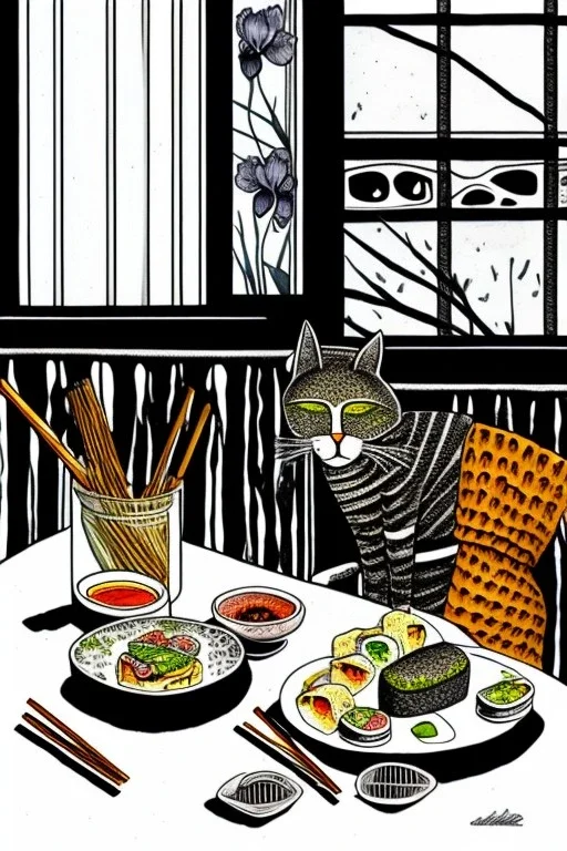 Two cats, sitting at a table, eating sushi,perfect iris, ink and pencil, style Elisabeth Kreitz