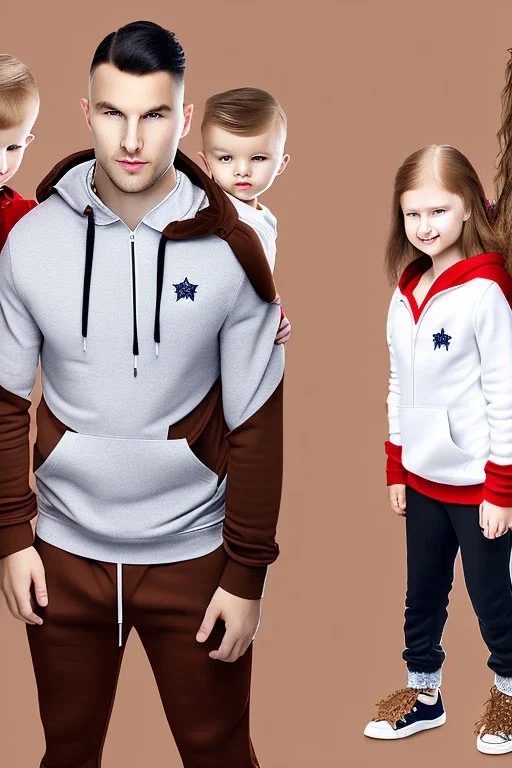 Studio shot of a beautiful european family with a mother with shoulder length blonde hair dressed in workout clothes a father with brown hair dressed in sweatpants and a black zip up hoodie a young teenage boy with brown hair dressed in comfortable clothes a young woman with red hair and dressed like an egirl a young athletic boy with messy red hair dressed in popular clothes a messy looking 5 year old with red hair and a goofy smile a toddler with blonde hair dressed in pajamas