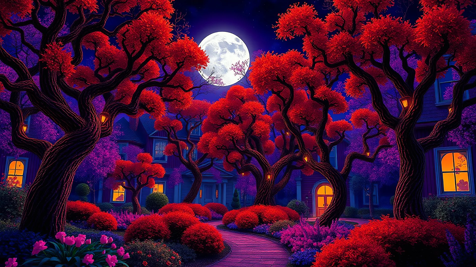 town square twisted curly trees, red orange foliage growing in purple colored forest, red orange, full moon, trees, flowers, fairy lights, night, 8k, high quality, trending art, trending on artstation, sharp focus, studio photo, intricate details, highly detailed, by tim burton