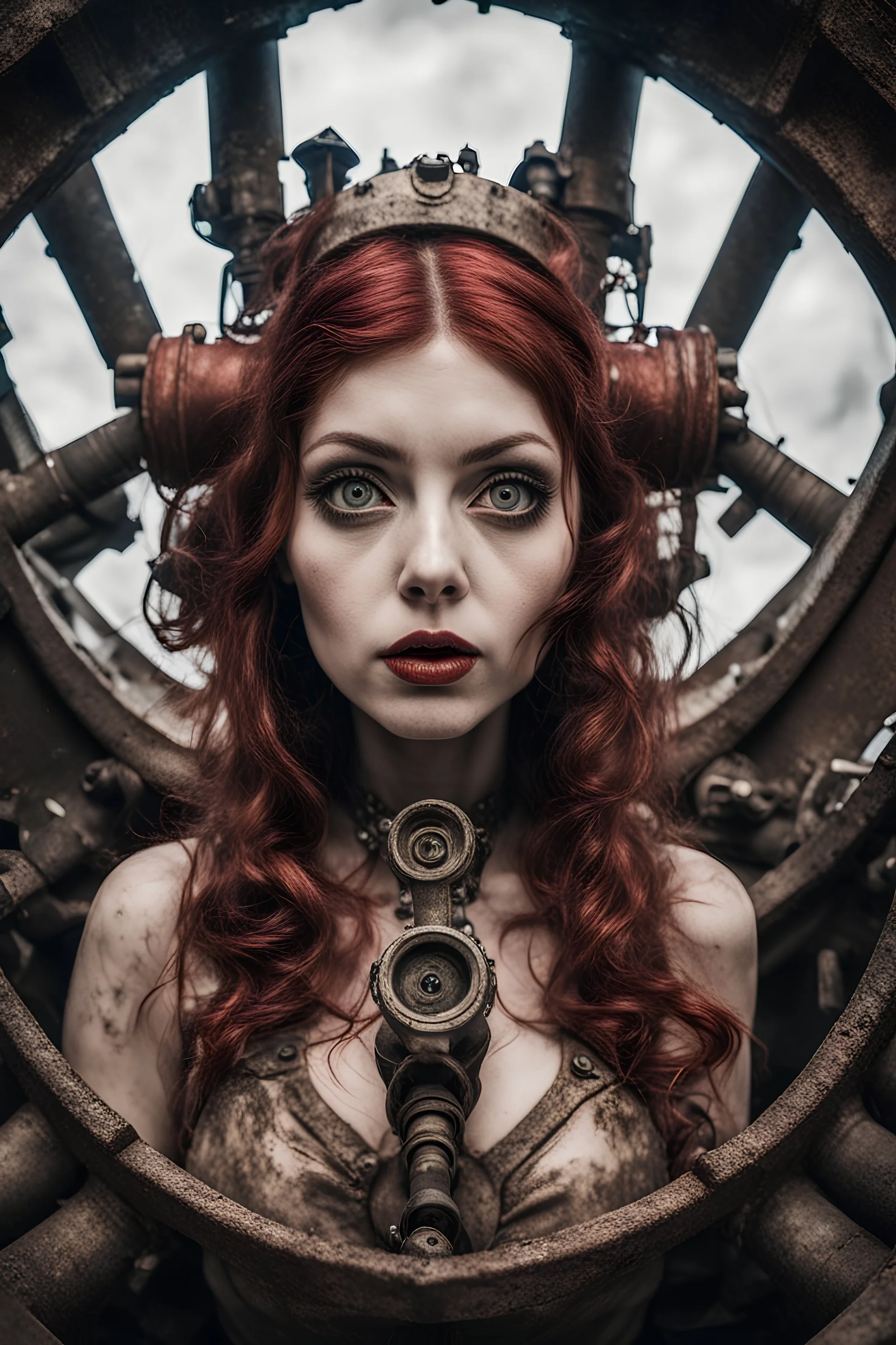 Closeup Girl siren with big eyes, fullbody, dieselpunk, valves rising from the ground, the perspective looking up from the bottom of an empty well , 8k, macro photography by <John Kenn Mortensen>, darkred tones,