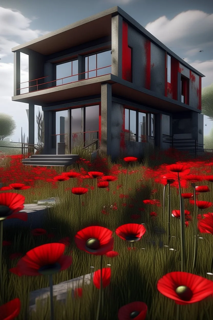 An modern house surrounded with red poppies growing out of a zombie