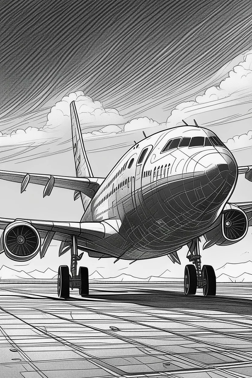 Outline art, no shading, aeroplane on the ground, black and white, no shading, ow detail, --ar 9:11