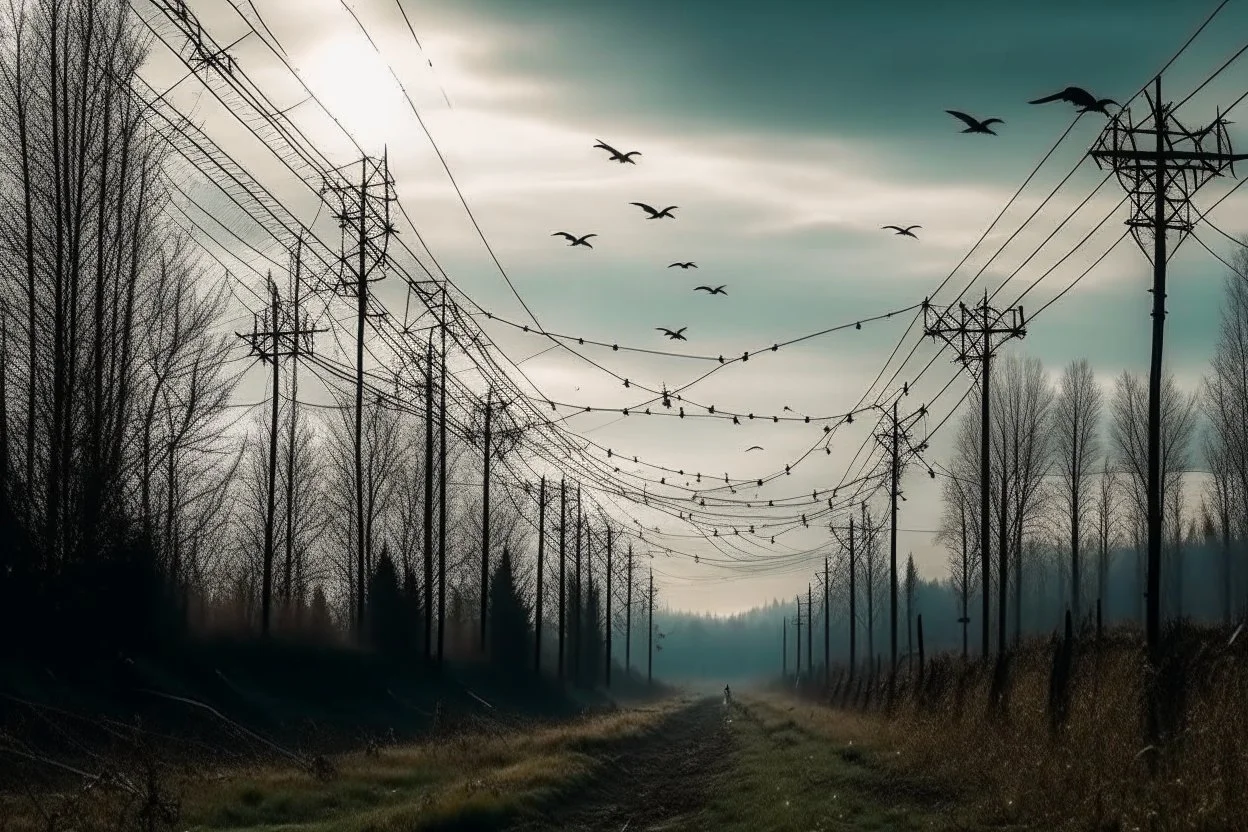 Power lines in the middle of nature and birds flying in the sky, real and current photography, 16K, photojournalism