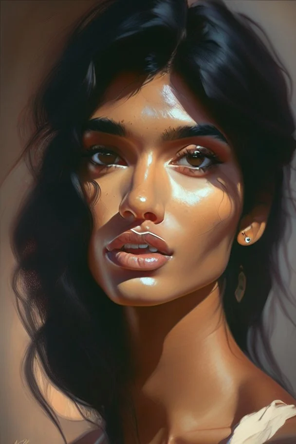 portrait Indian super model cute-fine-face, black hair, pretty face, realistic shaded Perfect face, fine details. realistic shaded lighting by Ilya Kuvshinov Giuseppe Dangelico Pino and Michael Garmash and Rob Rey, IAMAG premiere, WLOP matte print, cute freckles, masterpiece