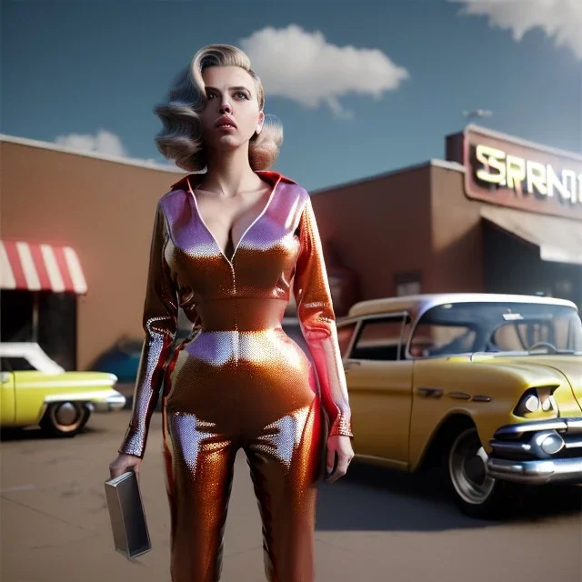 Ultra Realistic retro sci-fi, explosion Supermarket parking scene, 1960 year, blonde mastery woman, sweet scarlet Johansson face, perfect iris, glow eyes, face makeup, tight latex coat; many panic people, Retro sci-fi style, soft color, highly detailed, unreal engine 5, ray tracing, RTX, lumen lighting, ultra detail, volumetric lighting, 3d, finely drawn, high definition, high resolution.