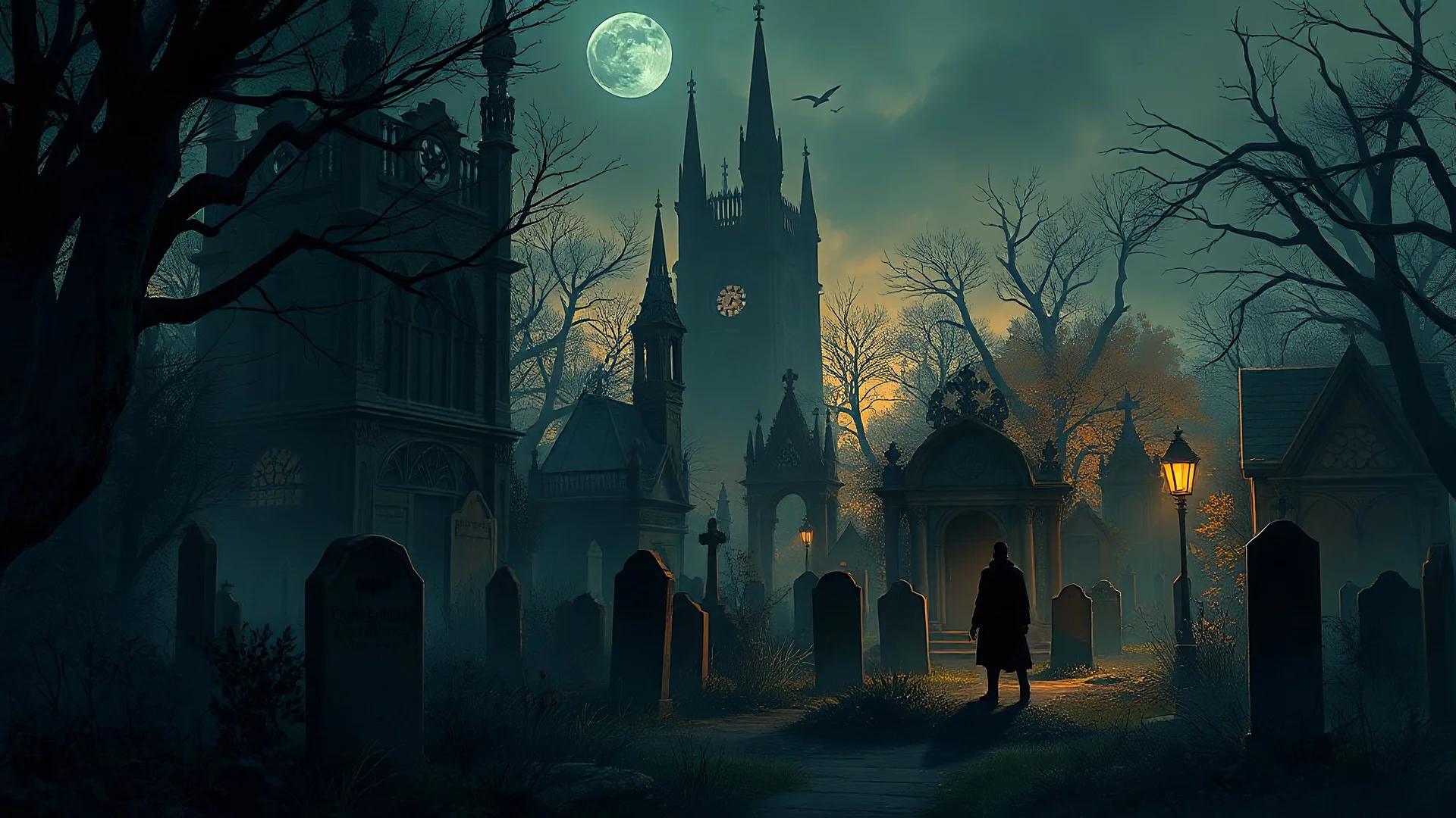 a painting of Gotham's Cemetery: A misty, overgrown cemetery with ancient tombstones and crypts. The scene is set at twilight, with a mysterious figure moving among the graves, Gotham city :: dark night, gothic architecture, noir film ambiance, modern days, autumn :: a storybook illustration by James Gilleard, accurate details, behance contest winner, 2d game art, storybook illustration, rich color palette