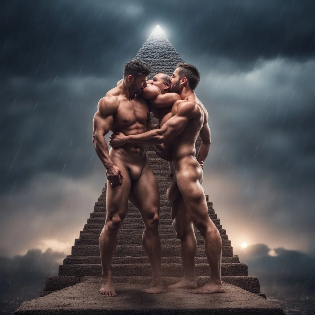 Hyper realistic shirtless muscular men hugging on the top of pyramid at rainy night