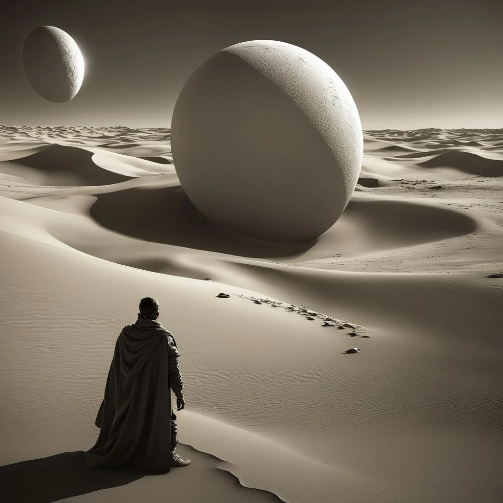 person alone in planet ,analog ,b&w ,Dune-Desert Planet Arrakis: Image of a barren, sandy desert planet with two moons in the sky, conveying the harsh environment of Arrakis., Alexandro Jodorowsy Art,Juan Gimenez Art,Space Art,Sci-Fic Art,Dark Influence,NijiExpress 3D v2,Kinetic Art,Datanoshing,Oil painting,Ink v3,Splash style,Abstract Art,Abstract Tech,CyberTech Elements,Futuristic,Epic style,Illustrated v3,Deco Influence,Air Brush style,drawing