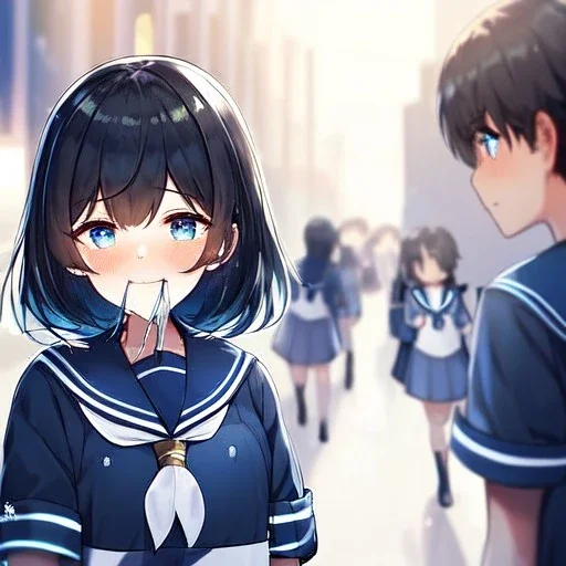 Clear focus,High resolution, Black short fluffy hair, and blue eyes, wearing a sailor uniform, blushing smiling with mouth open, crying, sad eyebrows