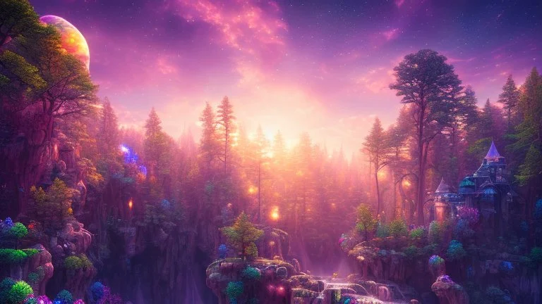 crystal cosmic and galactic ambiance hill sky waterfall sunset trees pools river surreal, full of details, smooth, bright sunshine，soft light atmosphere, light effect，vaporwave colorful, concept art, smooth, extremely sharp detail, finely tuned detail, ultra high definition, 8 k, unreal engine 5, ultra sharp focus