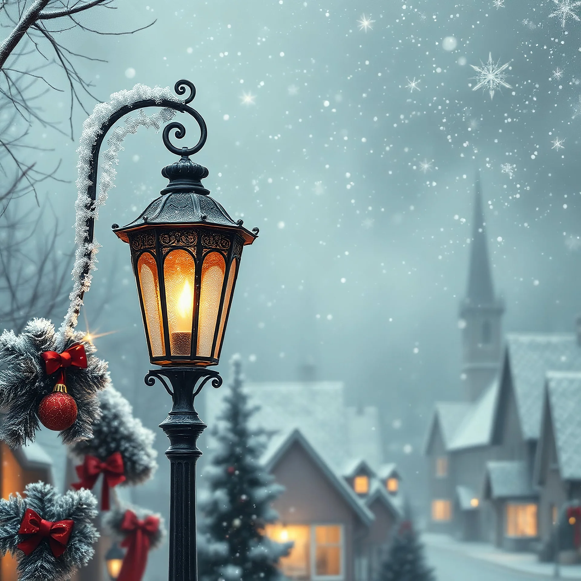 Delicate graphite drawing: Beautiful vintage street lamp, soft crimson Christmas background, Christmas decorations, glitter, silver-blue, sparkling light, fabulously beautiful, magical fog, ash-colored and silver-colored half-timbered village. Hyper-realistic pixel art, high level of detail, filigree, fine drawing, delicate graphite drawing.
