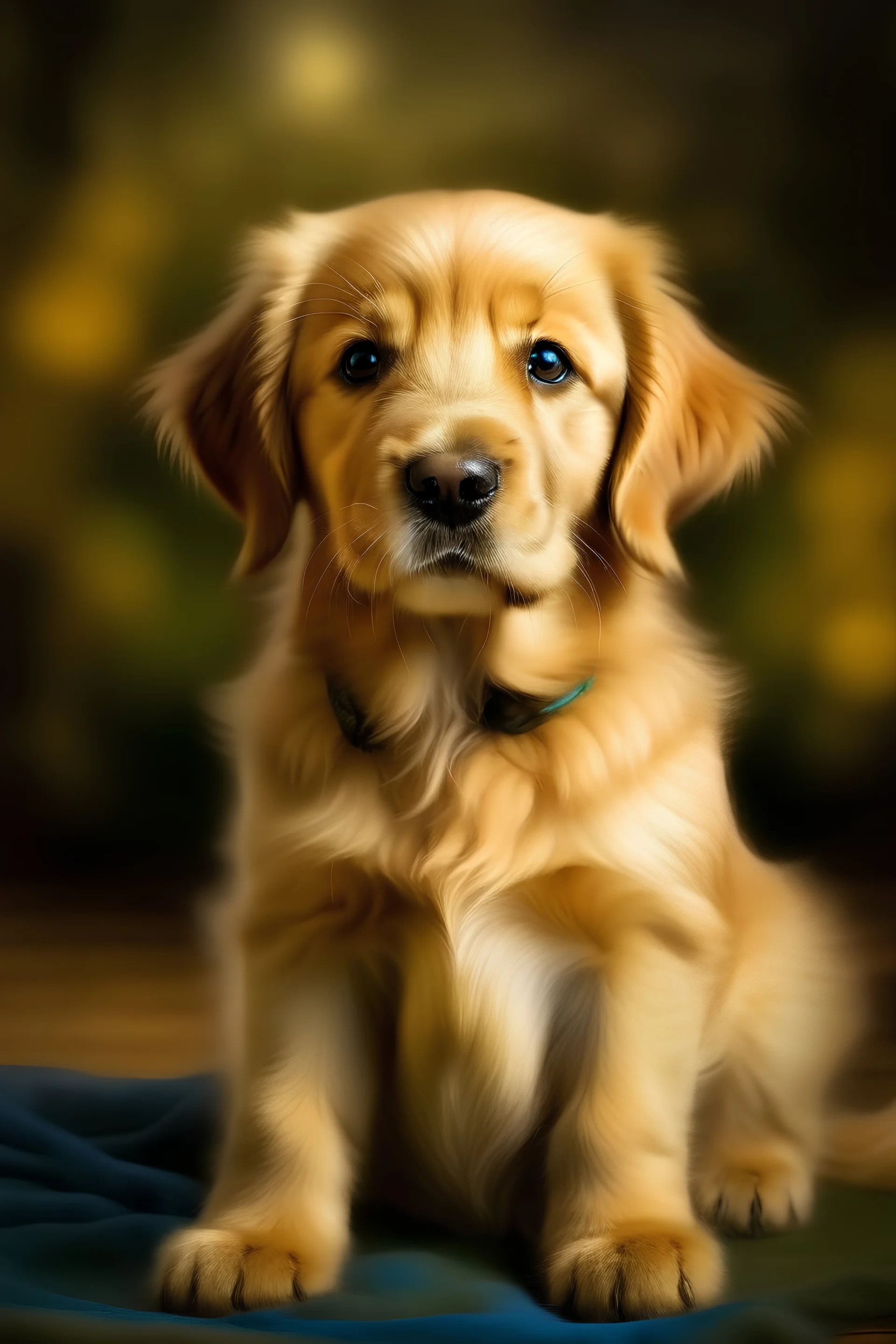 perro cachorro de un mes de vida golden retriever mirando de frente según pintor impresionista con fondo iluminado
