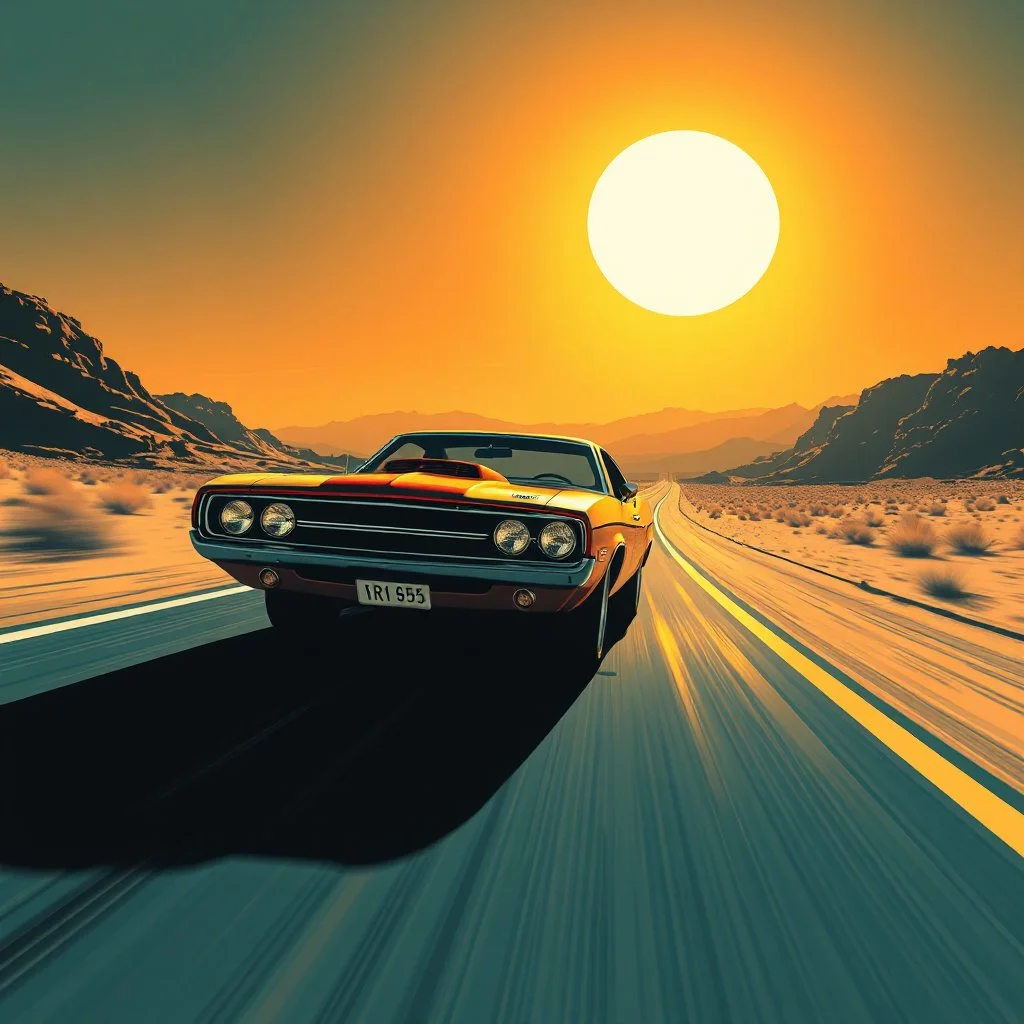 golden age of comics, dramatic angle of a super muscle car driving down a desert highway toward a brilliant sun, dynamic composition, artistic