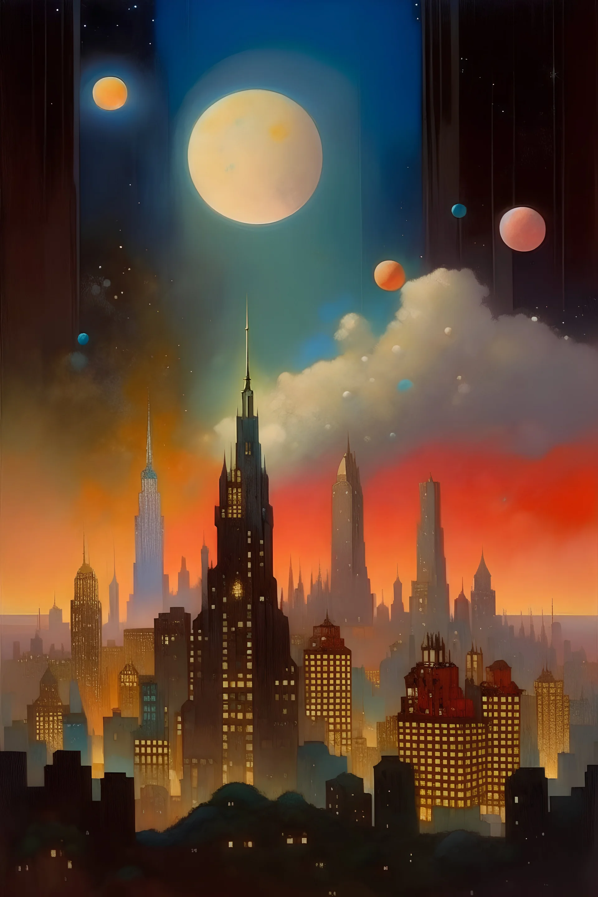 A City Skyline, Renaissance Style By Herbert James Draper, A Moon In The Top Right Corner, Colorful Stars With A Small Number Of Clouds, The Buildings Have Shiny Accents In The Windows