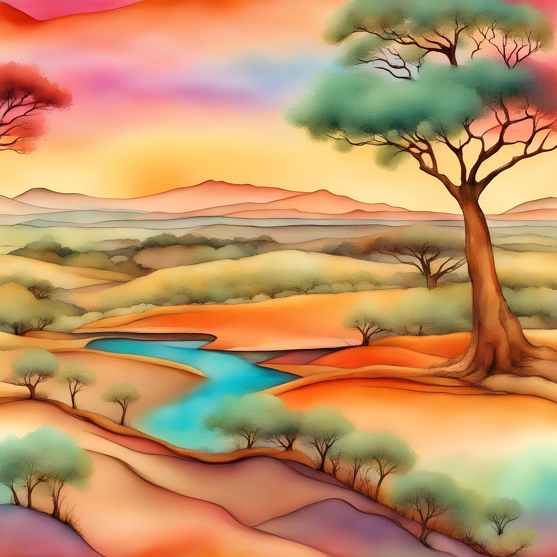 Colorful abstract landscape Serene and peaceful scene like a paradise of an African savanna with boabab trees, A meandering river flowing down the mountain in gentle curves, summer sunset 3d watercolor alcohol ink splash art