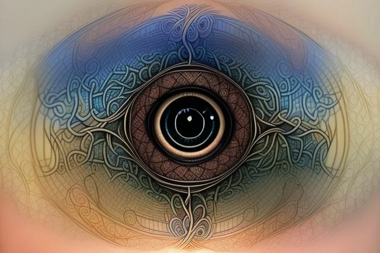 elongate and make into a hyperrealistic human eye. change then flourishes to a faint tattoo on skin of knotwork patterns