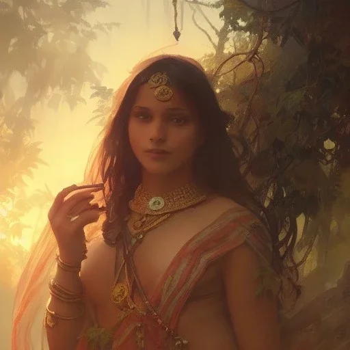  Indian mystical landscape beautiful, cinematic, 8k, resolution concept art portrait by Greg Rutkowski, Artgerm, WLOP, Alphonse Mucha dynamic lighting hyperdetailed intricately detailed