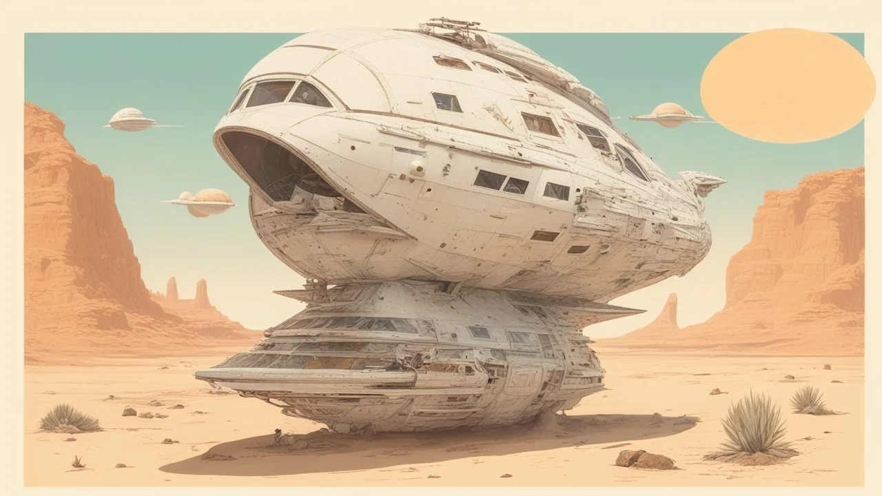 duck shaped space ship in the desert surrounded by lost things