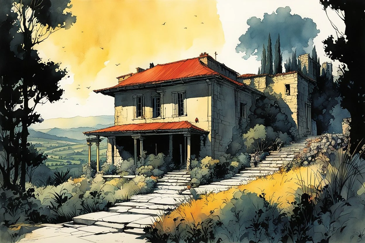 create in inkwash and watercolor a peaceful villa set in the tranquil landscape of ancient Tuscany in the comic book art style of Mike Mignola, Bill Sienkiewicz and Jean Giraud Moebius, , highly detailed,, grainy, gritty textures, , dramatic natural lighting