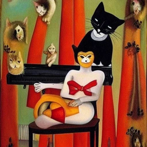 cat playing piano in style of frida kahlo painting