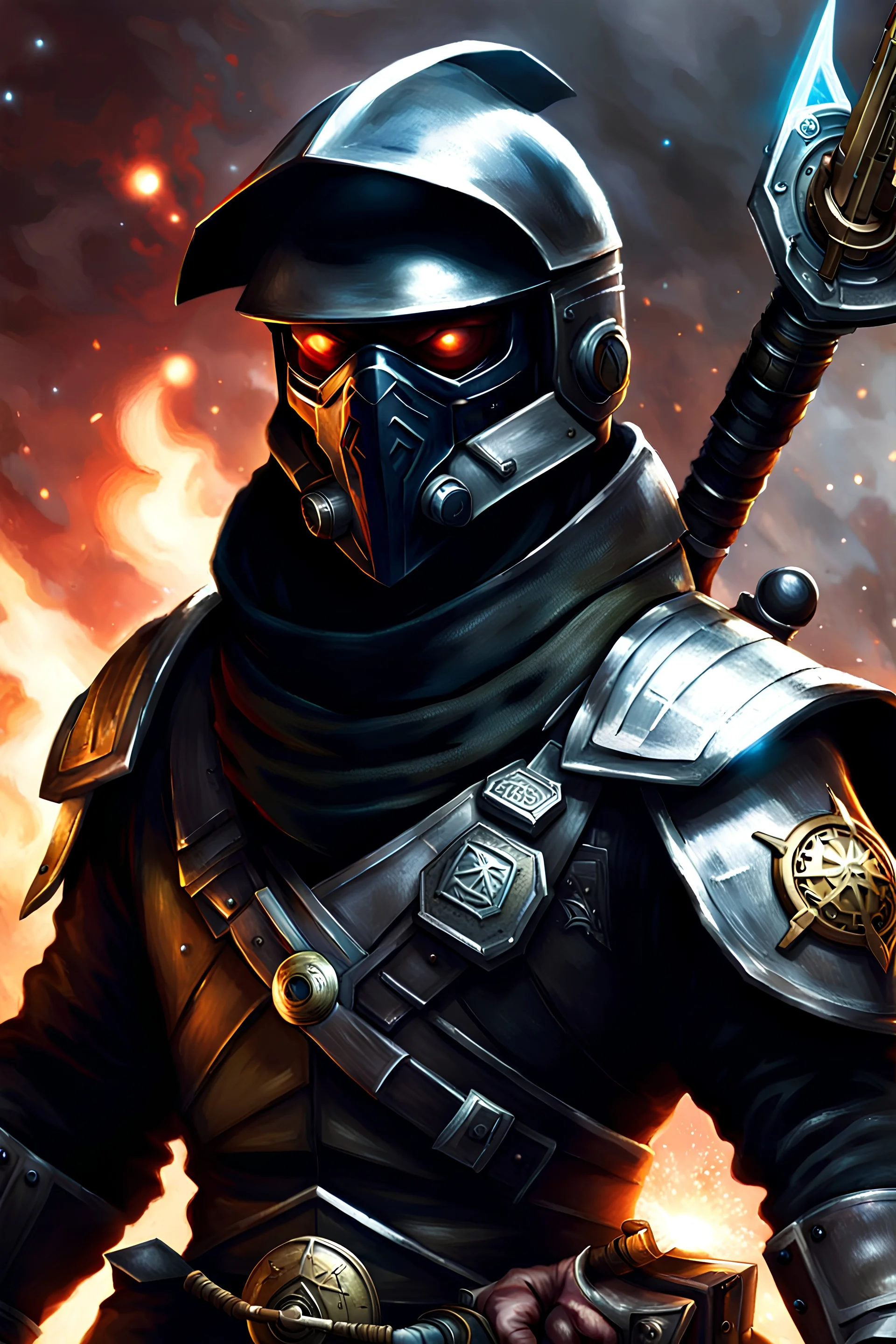 secret agent. sci-fi, all black, spelljammer, sci fi magic staff in hand, dnd token, close up, military, helmet with visor, crouching, chest up, weapon in image, in combat,